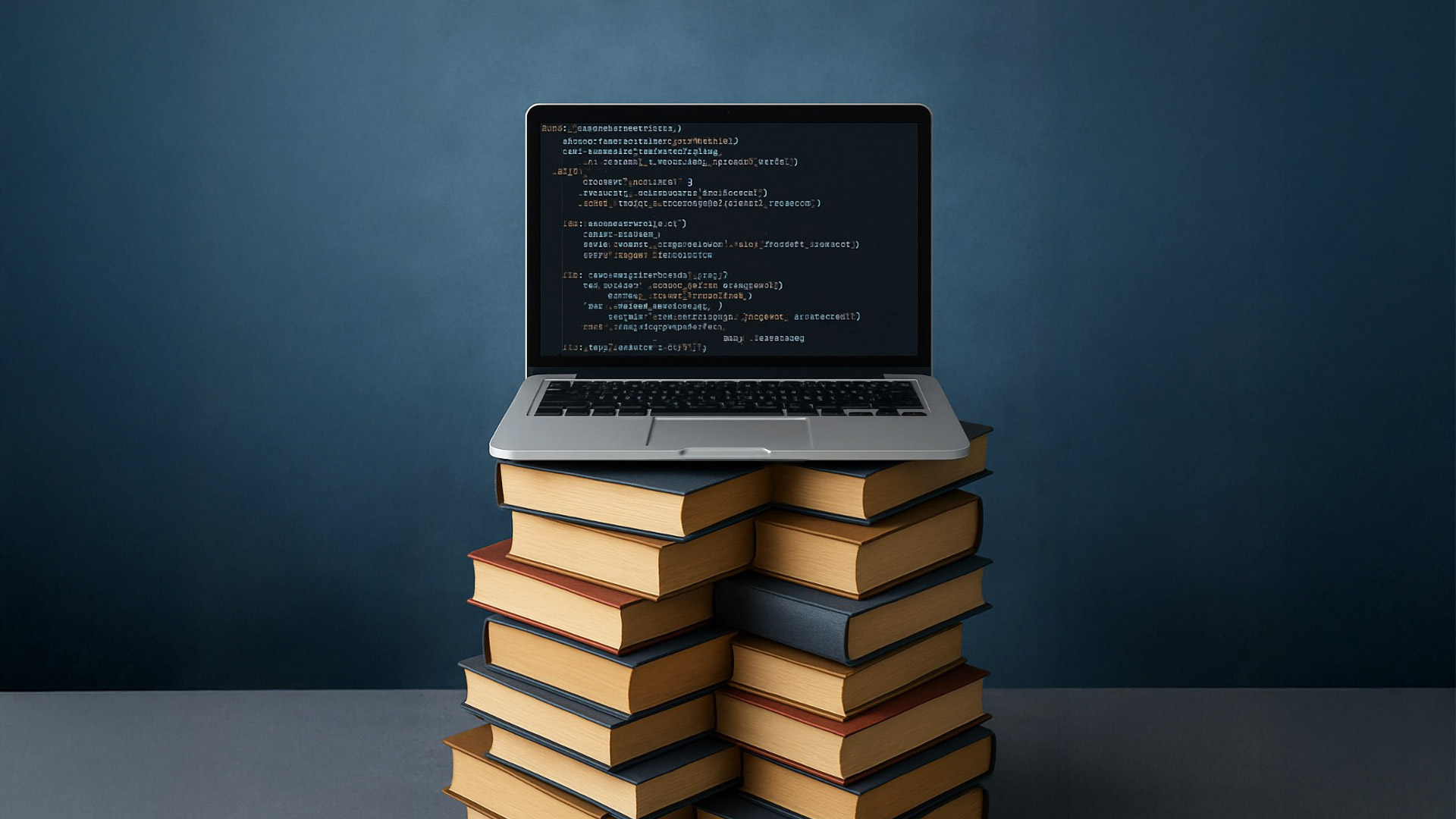 A laptop displaying lines of code that could relate to AI copyright sits atop a tall, stacked pile of old, bound books with golden-edged pages. The background is a solid, dark blue.