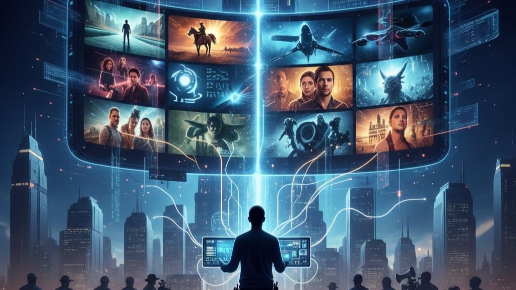 A cinematic digital illustration titled "The Lone Director." A single silhouette of a filmmaker stands in the center foreground, facing a massive, curved holographic screen displaying various AI-generated movie scenes. Below the screen, ghostly silhouettes of a traditional film crew stand in a futuristic cityscape.